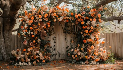 Wall Mural - Woodland-inspired wedding backdrop with towering trees and rustic decorations 