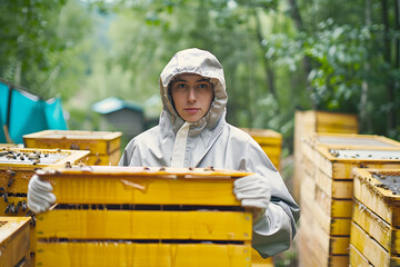 Wall Mural - Waist up portrait of modern young beekeeper wearing protective suit standing against hive boxes holding honey frames and looking at camera, copy space