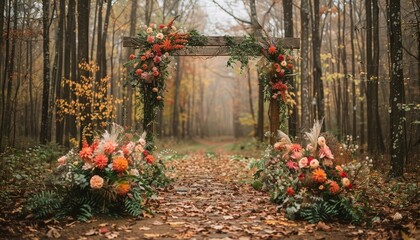 Wall Mural - Woodland-inspired wedding backdrop with towering trees and rustic decorations 