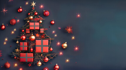 Wall Mural - A Christmas tree crafted from gift boxes adorned with red ornaments and golden lights rests on a dark background