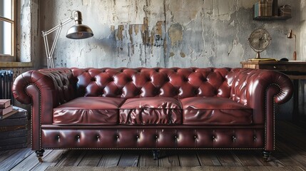 Poster - Authentic leather vintage-style sofa in room with desk lamp