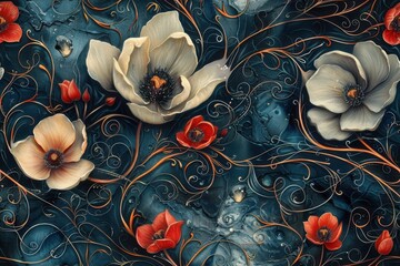 Wall Mural - Floral Swirls on a Dark Blue Canvas