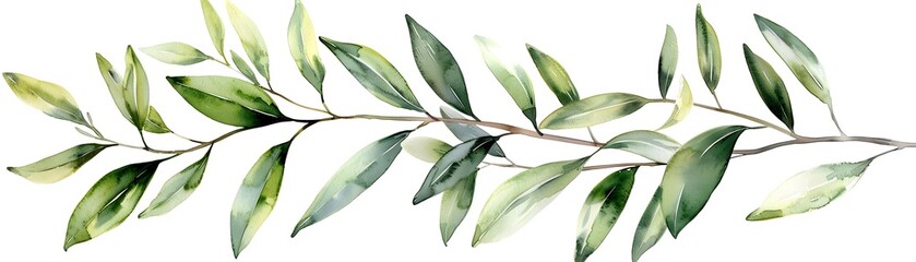 Poster - Delicate Watercolor Olive Branches with Subtly Green Leaves on White Background