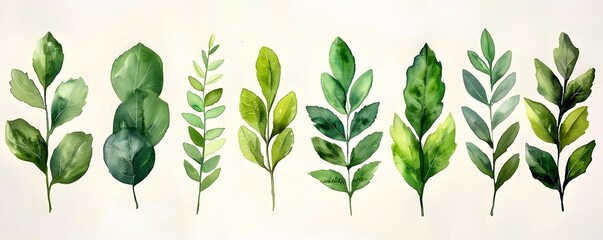 Poster - Assorted Watercolor Laurel Leaves in Shades of Green on Pristine White Background