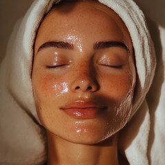 A woman with glowing skin enjoys a relaxing facial treatment. Her head is wrapped in a towel, eyes closed in peaceful serenity.