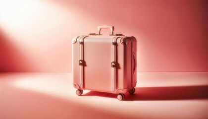  A single, elegant pink suitcase stands in the spotlight against a pink background..Concept: Travel, style, solo travel, minimalism, ready for adventure