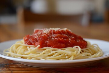 Canvas Print - Plate of cooked spaghetti topped with rich tomato sauce and grated parmesan, ready to enjoy