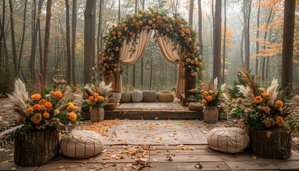 Wall Mural - Woodland-inspired wedding backdrop with towering trees and rustic decorations 