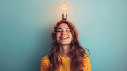 A person smiling with a light bulb above their head.