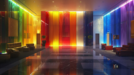 Wall Mural - A colorful lobby with a green plant in a yellow pot. Modern contemporary design. 