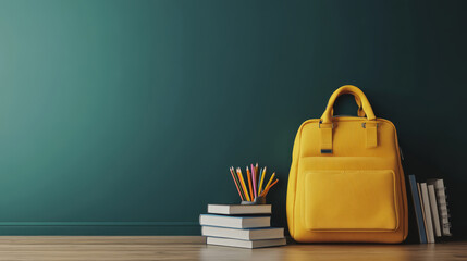 Yellow school bag with books and accessory on empty black chalkboard.