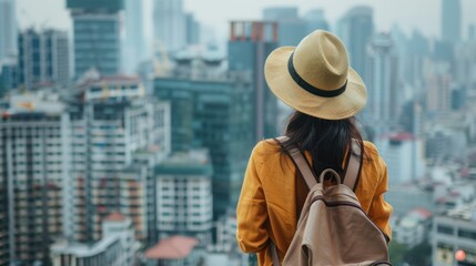 Wall Mural - Asian female traveler exploring a new city