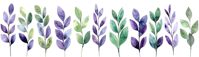 Wall Mural - Watercolor Lavender Leaves Set on Serene White Background