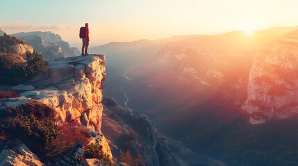 Canvas Print - Lone Hiker Stands at the Edge of a Cliff Overlooking a Majestic Mountain Range Bathed in Golden Sunset Light