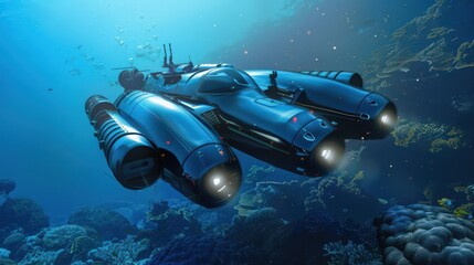 Poster - adventure of futuristic underwater vehicle designs, enabling exploration of ocean depths with advanced submersible technology