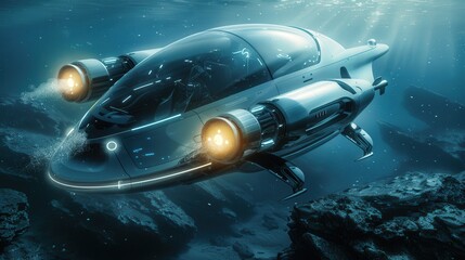 Poster - adventure of futuristic underwater vehicle designs, enabling exploration of ocean depths with advanced submersible technology