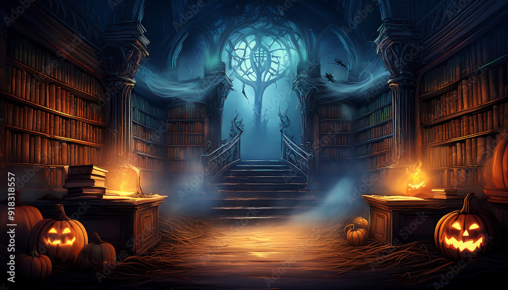 Haunted Library Scene- A spooky library filled with ancient books and ...