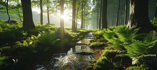  A Tranquil Woodland by a Bubbling Stream Bathed in Evening Hues
