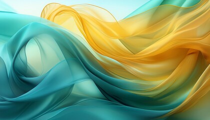 Wall Mural - Abstract background of a semitransparent silk fabric of cyan and yellow color. Generative AI