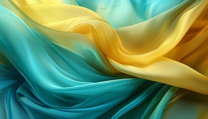 Wall Mural - Abstract background of a semitransparent silk fabric of cyan and yellow color. Generative AI