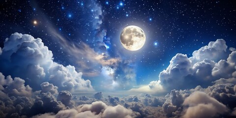 celestial cloudscape full moon and stars above a sea of white, night sky, moon, clouds, celestial