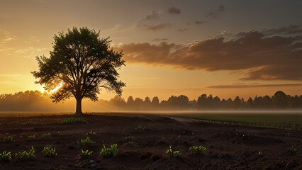 Wall Mural - Panoramic view of a young tree bathed in the warm glow