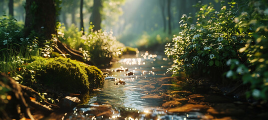 Wall Mural - A Tranquil Woodland by a Bubbling Stream Bathed in Autumn Colors
