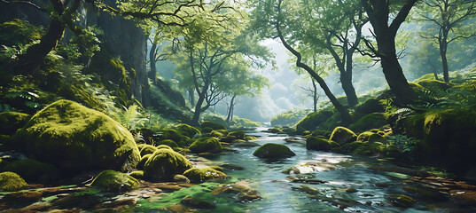 Wall Mural - A Tranquil Woodland by a Bubbling Stream Bathed in Peaceful Light
