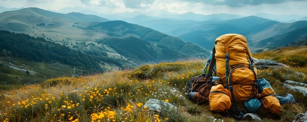 Sticker - Hiking Gear on a Picturesque Mountain Valley with Distant Peaks