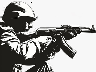 Wall Mural - A man in a military uniform is holding a rifle. The image is black and white and has a mood of war and conflict