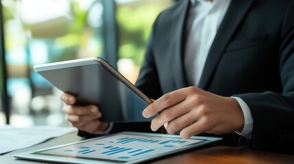 Poster - The businessman evaluates sales data and financial reports on his tablet, focusing on growth chart patterns