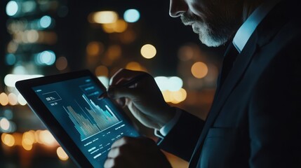 Poster - The businessman scrutinizes sales data and financial reports on his tablet, monitoring business growth charts.