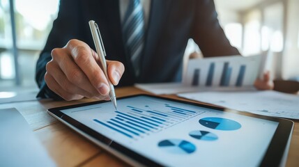 Poster - The businessman scrutinizes sales data and financial reports on his tablet, monitoring business growth charts.