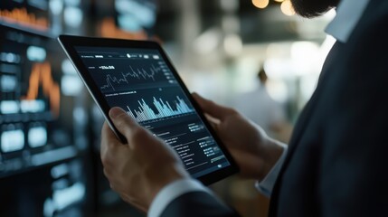 Poster - The businessman scrutinizes sales data and financial reports on his tablet, evaluating growth chart analysis