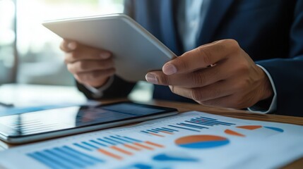 Wall Mural - The businessman scrutinizes sales data and financial reports on his tablet, evaluating growth chart analysis