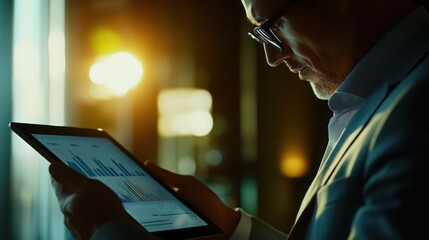 Poster - The businessman uses his tablet to scrutinize sales data and financial reports, focusing on growth chart patterns