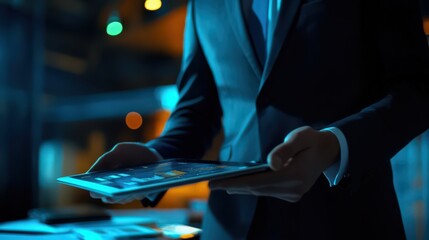 Poster - The businessman uses his tablet to scrutinize sales data and financial reports, tracking business growth projections.