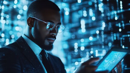 Poster - The businessman utilizes blockchain technology and data encryption on a digital tablet, incorporating AI