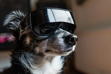 Canvas Print - Cool black and white dog posing with sleek, fashionable sun shades