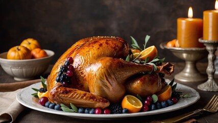 Delicious roast turkey on a festive autumn table. Thanksgiving Day