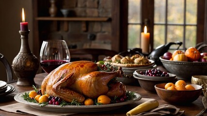 Delicious roast turkey on a festive autumn table. Thanksgiving Day