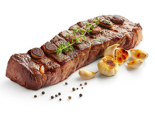 Wall Mural - arafed steak with garlic and herbs on a white surface