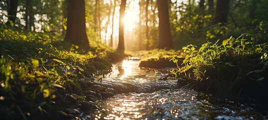 Wall Mural - A Tranquil Woodland by a Bubbling Stream Bathed in Warm Light
