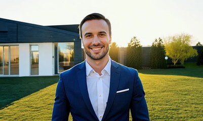 Poster - Portrait video of a confident real estate agent promoting modern homes for sale