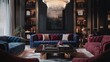 © arhendrix - Luxurious living room with velvet sofas, elegant chandelier, and bookshelf, creating a sophisticated and stylish interior design.