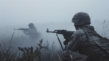 Wall Mural - The tense atmosphere of several armed soldiers operating on a foggy battlefield