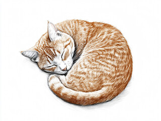  a drawing of a white and brown cat lying down on a white background, looking cute and relaxed