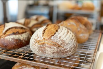 Poster - Closeup of crusty artisan sourdough breads cooling on a metal rack, with bakery background