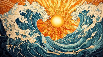 Sticker - Abstract Ocean Wave and Sun