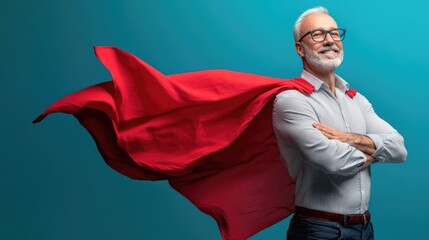 Wall Mural - Happy middle aged business man executive investor leader thinking of future success, mature rich businessman manager lawyer wearing red cape standing isolated on blue background looking away.